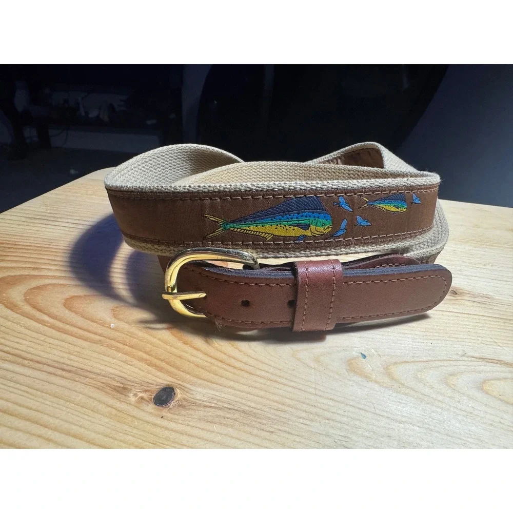 Zep-Pro Mens Mahi Mahi Dolphin Embroidery Leather Canvas Braided Rope Belt Sz 46